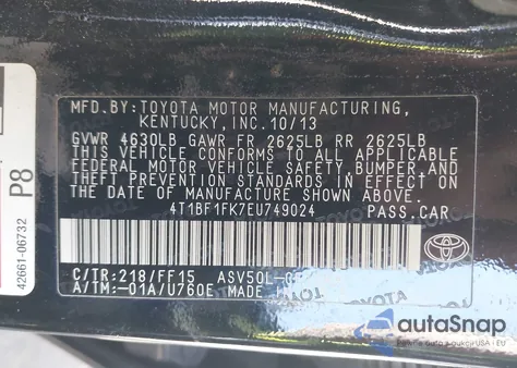 2014 Toyota Camry Se Sport из США, поврежденный, VIN 4T1BF1FK7EU749024